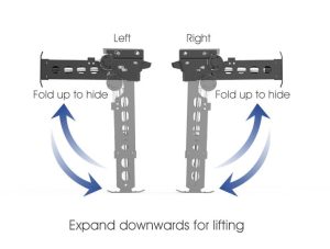 electric folding RV stabilizer jack in folded position under chassis